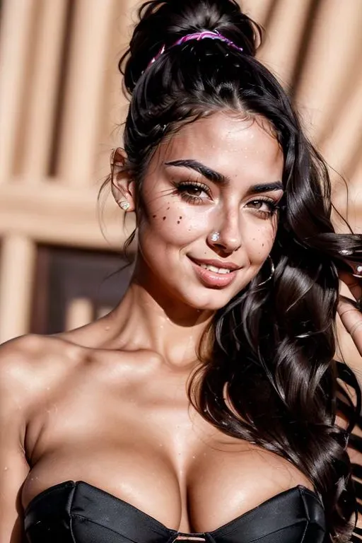 A portrait of a woman with long, wavy black hair styled in a high bun with a hair tie.