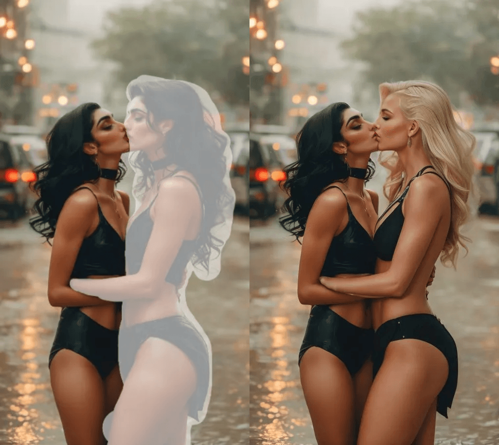 edit image of 2 girls kissing on streets, inpainting