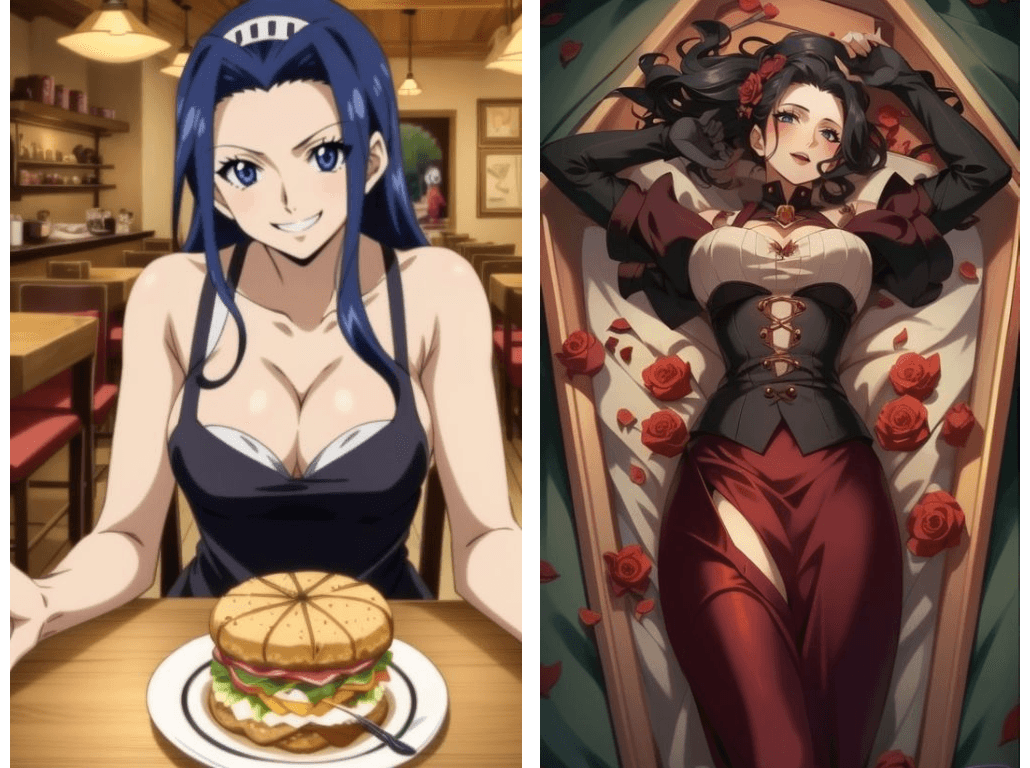 2 AI generated anime photos. Woman Eating and Woman in a casket