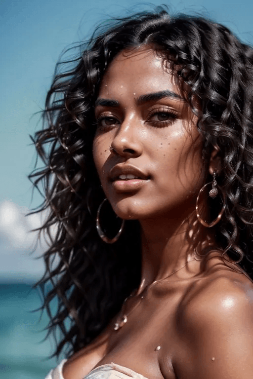 Curly hair girl, in a beach,