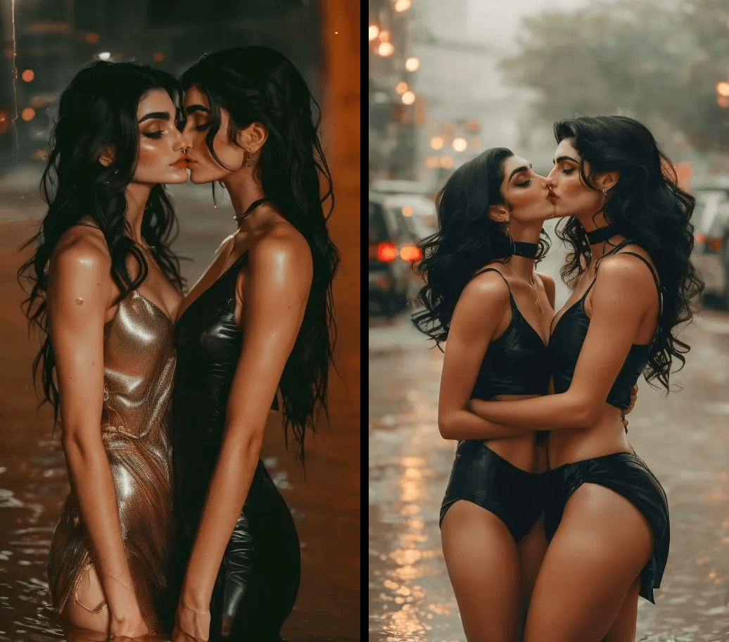 2 girls kissing same face