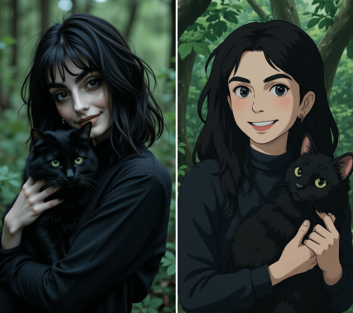 Goth Woman holding a black cat. Ghibli Style