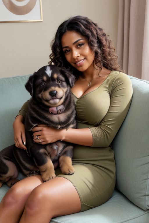 Woman in couch holding a puppy