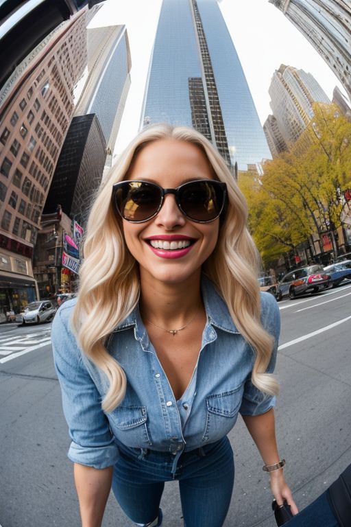 Woman in streets wearing denim, fisheye shot