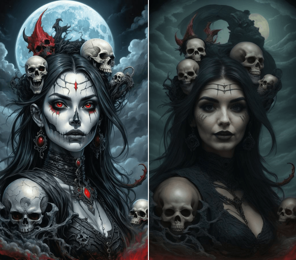 remix dark woman, scary, skulls