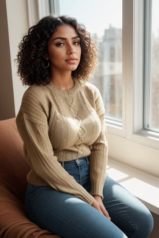 woman looking at the camera, sitting at the window